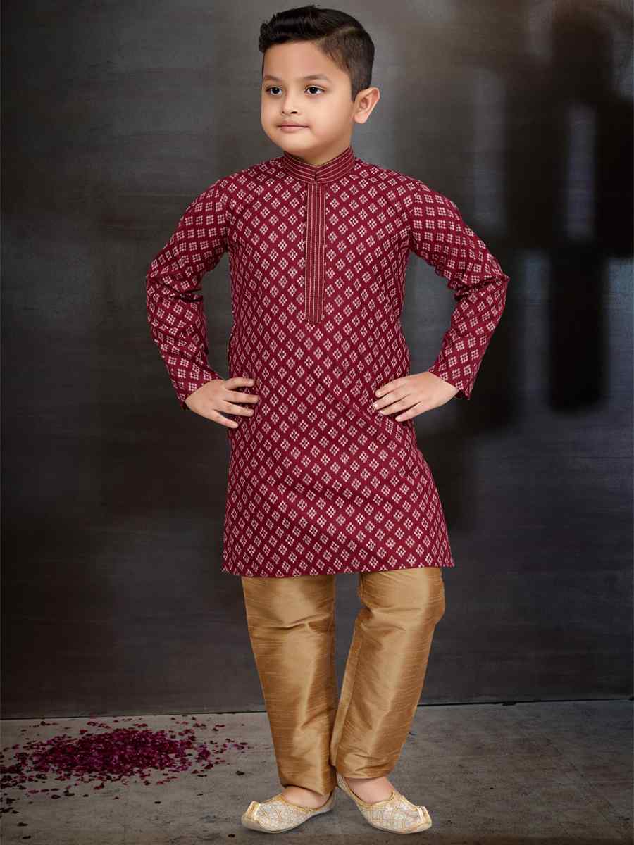 Maroon Cotton Printed Festival Traditional Kurta Pyjama Boys Wear