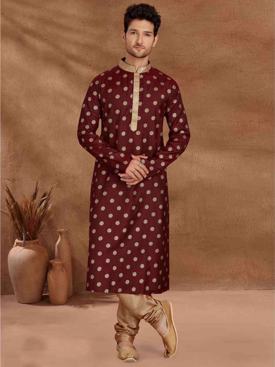 Maroon Cotton Printed Party Wedding Kurta