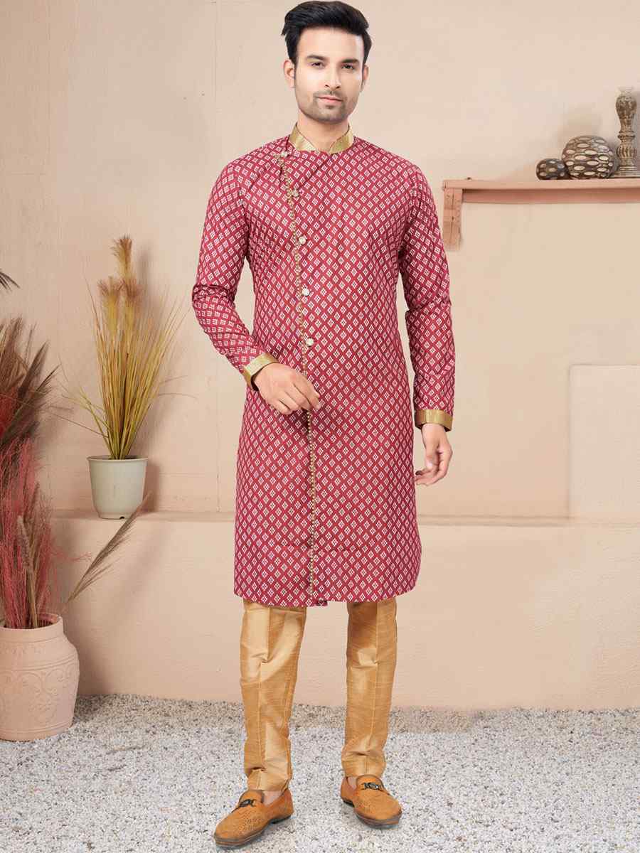 Maroon Cotton Printed Wedding Festival Sherwani
