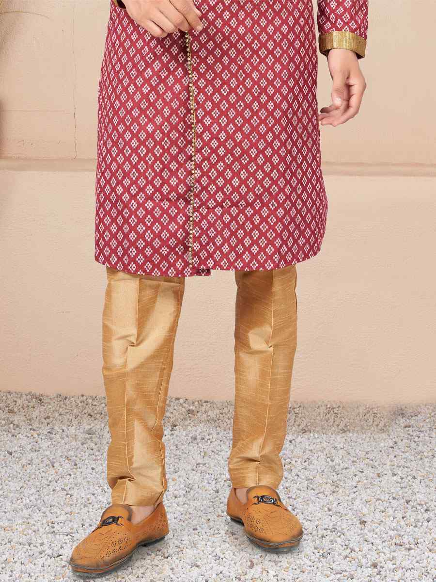 Maroon Cotton Printed Wedding Festival Sherwani