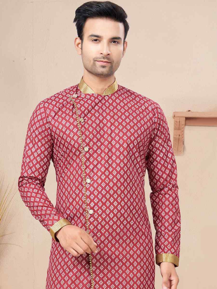 Maroon Cotton Printed Wedding Festival Sherwani
