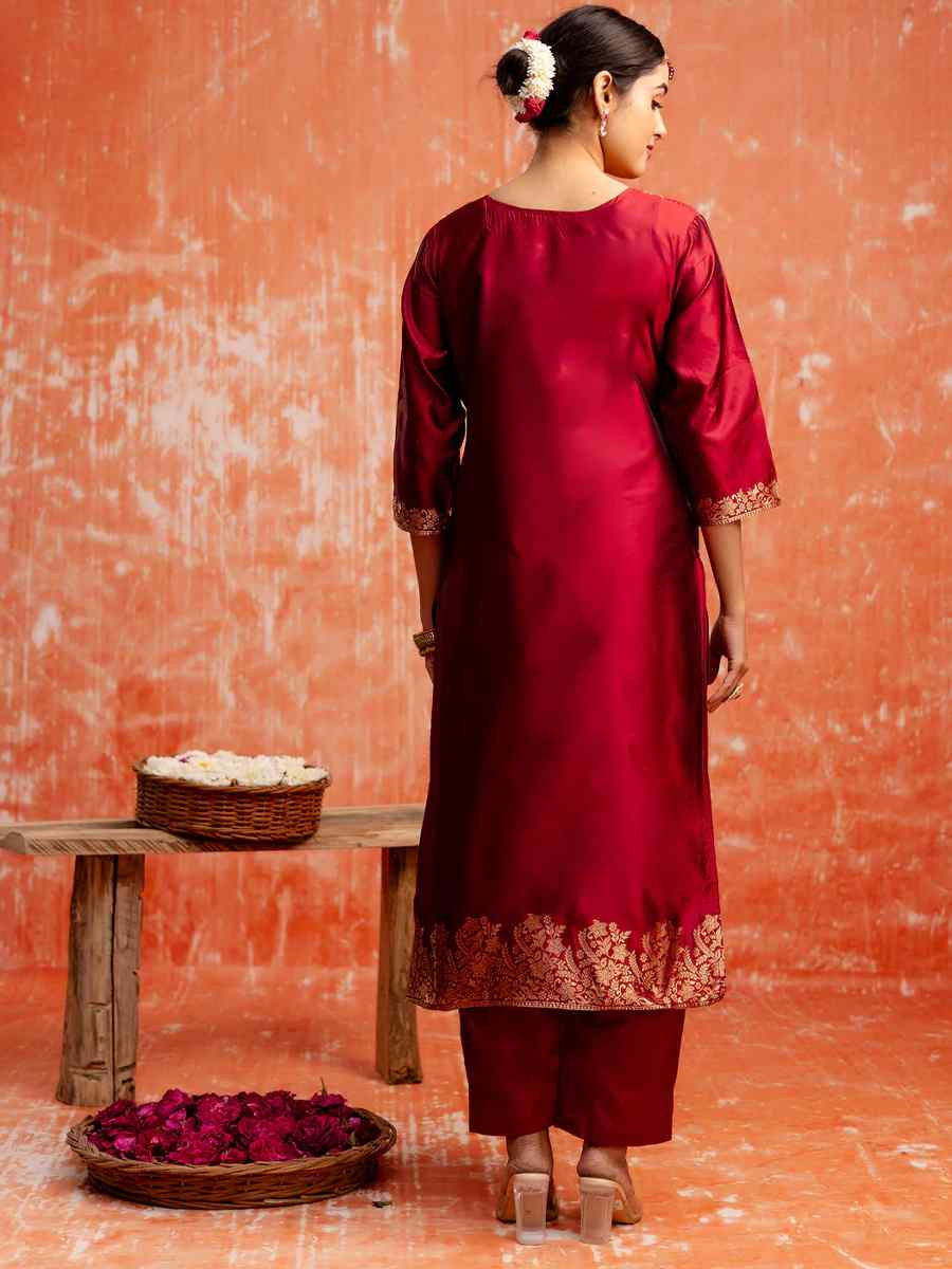 Maroon Cotton Silk Blend  Embroidered Festival Wedding Ready Pant Salwar Kameez