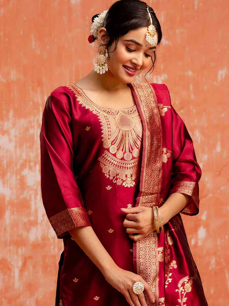 Maroon Cotton Silk Blend  Embroidered Festival Wedding Ready Pant Salwar Kameez
