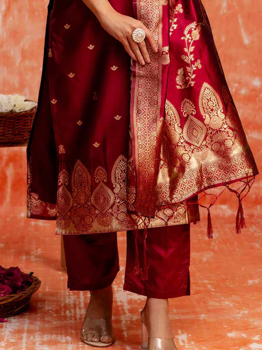 Maroon Cotton Silk Blend  Embroidered Festival Wedding Ready Pant Salwar Kameez