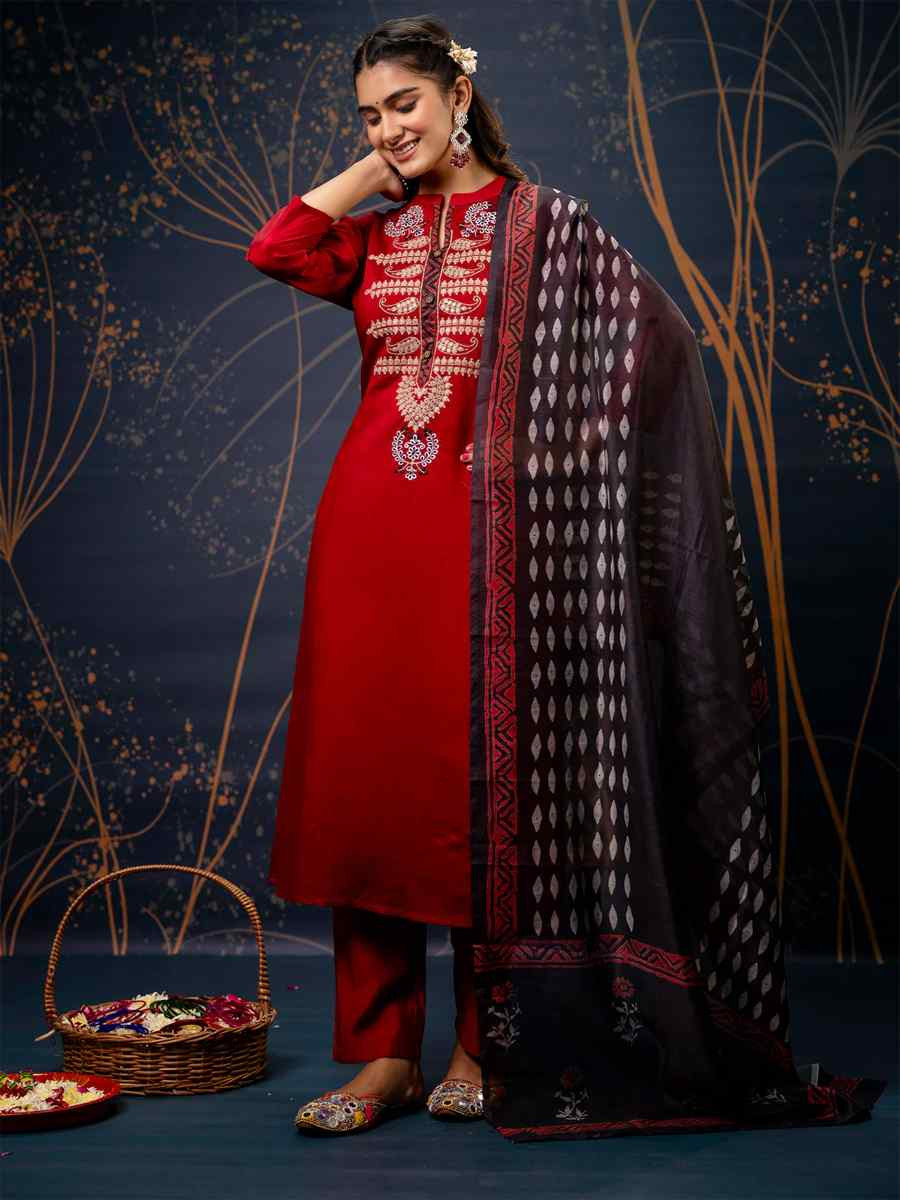 Maroon Cotton Silk Blend Embroidered Festival Party Ready Pant Salwar Kameez