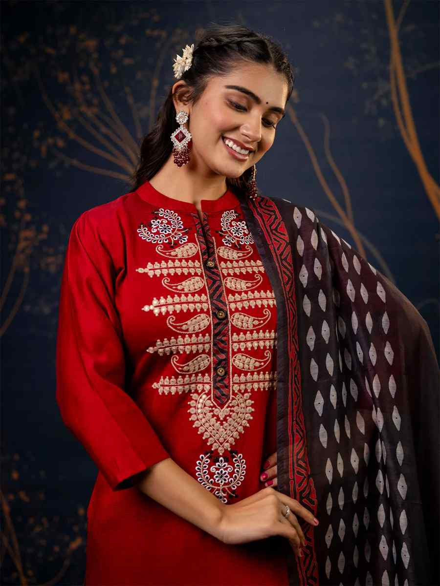 Maroon Cotton Silk Blend Embroidered Festival Party Ready Pant Salwar Kameez