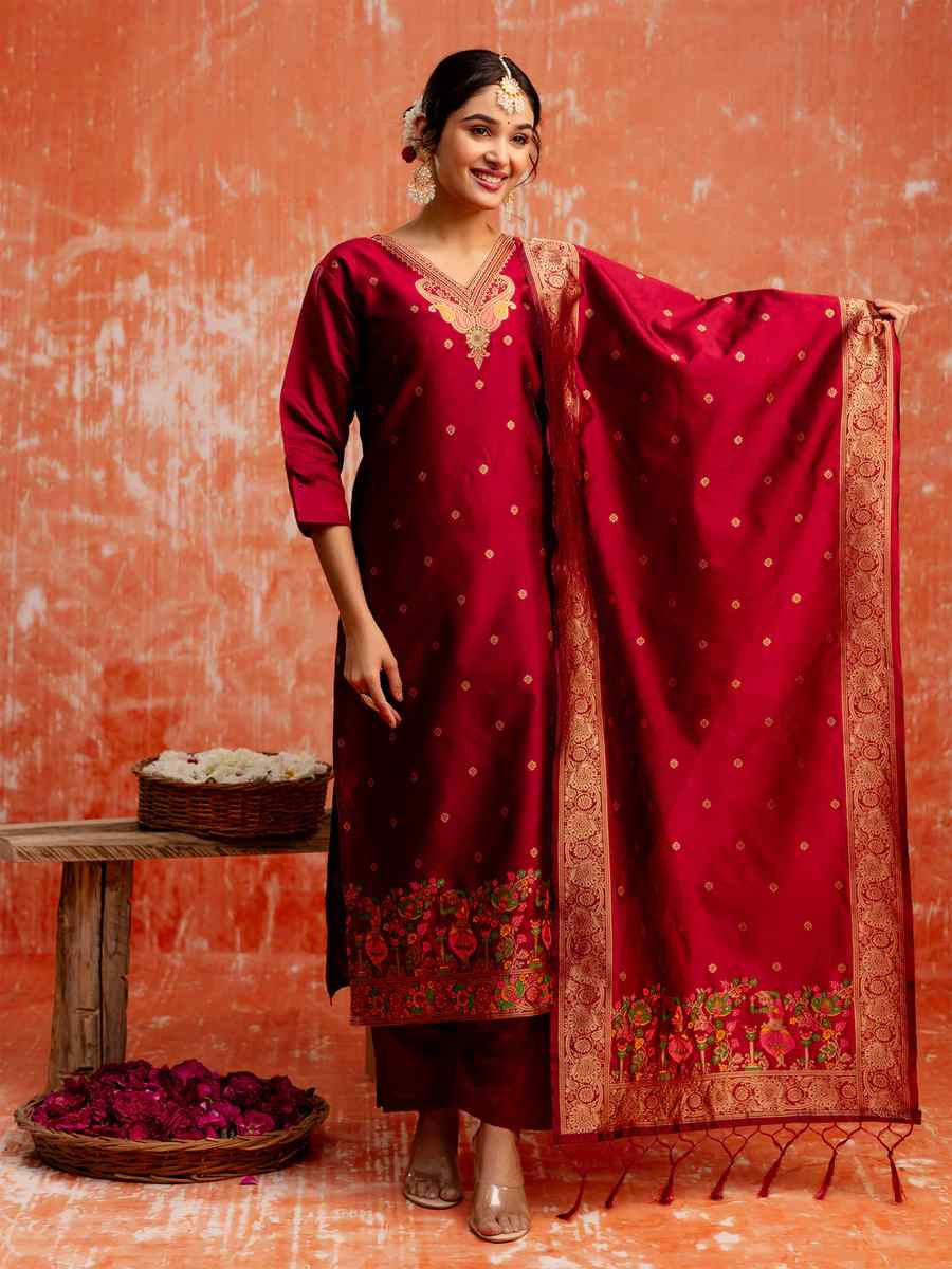 Maroon Cotton Silk Embroidered Festival Casual Ready Pant Salwar Kameez