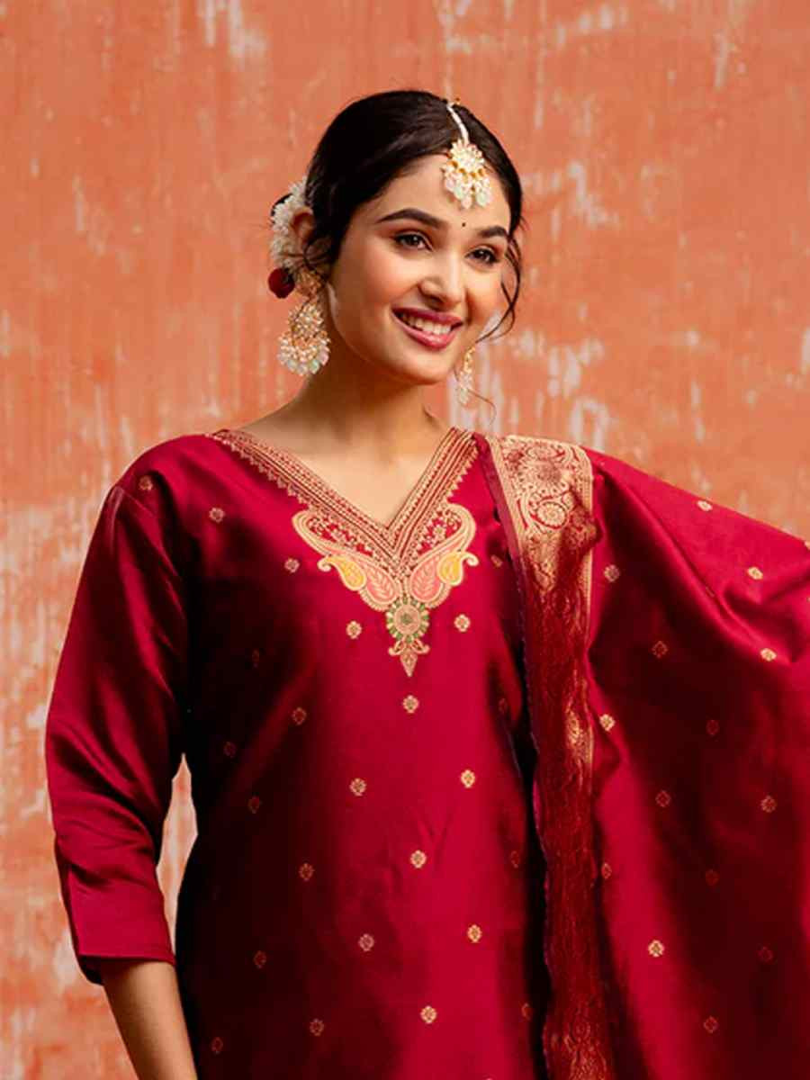 Maroon Cotton Silk Embroidered Festival Casual Ready Pant Salwar Kameez