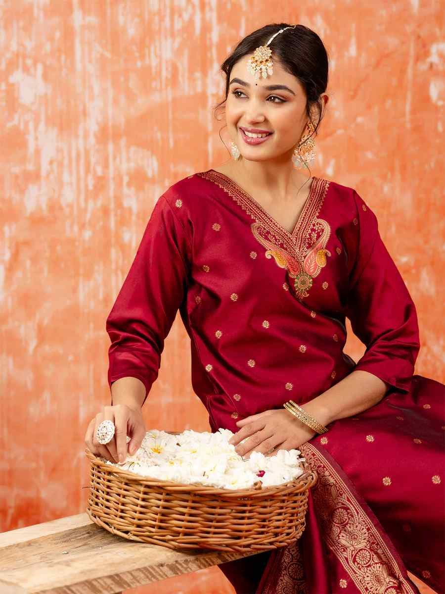 Maroon Cotton Silk Embroidered Festival Casual Ready Pant Salwar Kameez