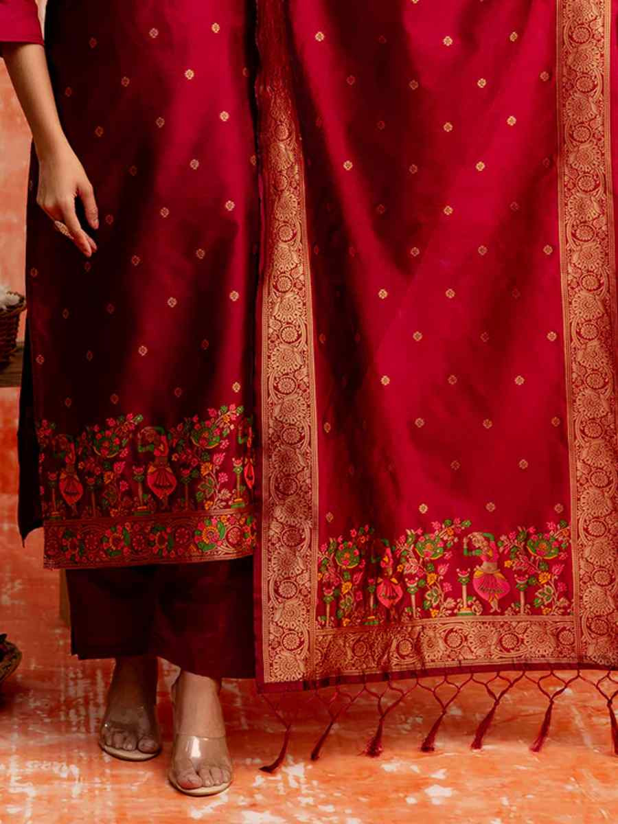 Maroon Cotton Silk Embroidered Festival Casual Ready Pant Salwar Kameez