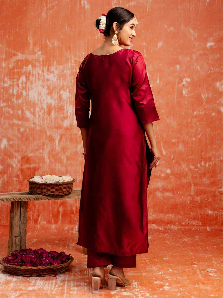 Maroon Cotton Silk Embroidered Festival Casual Ready Pant Salwar Kameez