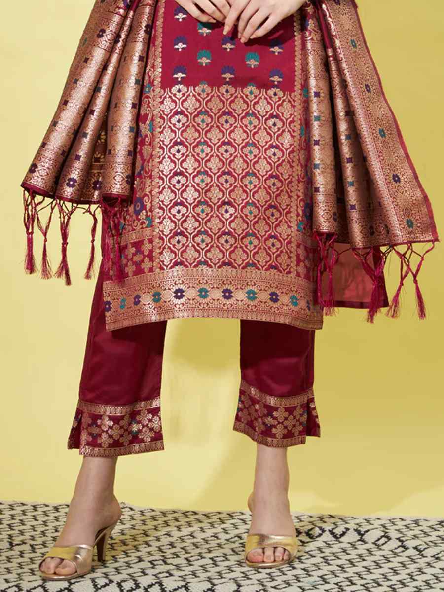 Maroon Cotton Silk Jacquard Embroidered Festival Mehendi Ready Pant Salwar Kameez
