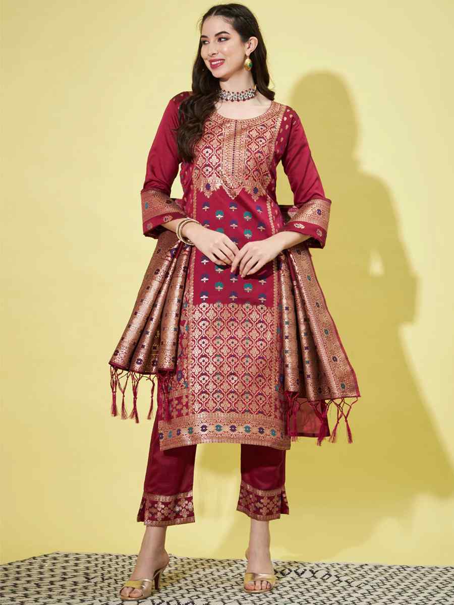Maroon Cotton Silk Jacquard Embroidered Festival Mehendi Ready Pant Salwar Kameez
