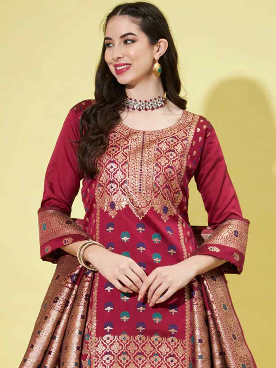 Maroon Cotton Silk Jacquard Embroidered Festival Mehendi Ready Pant Salwar Kameez