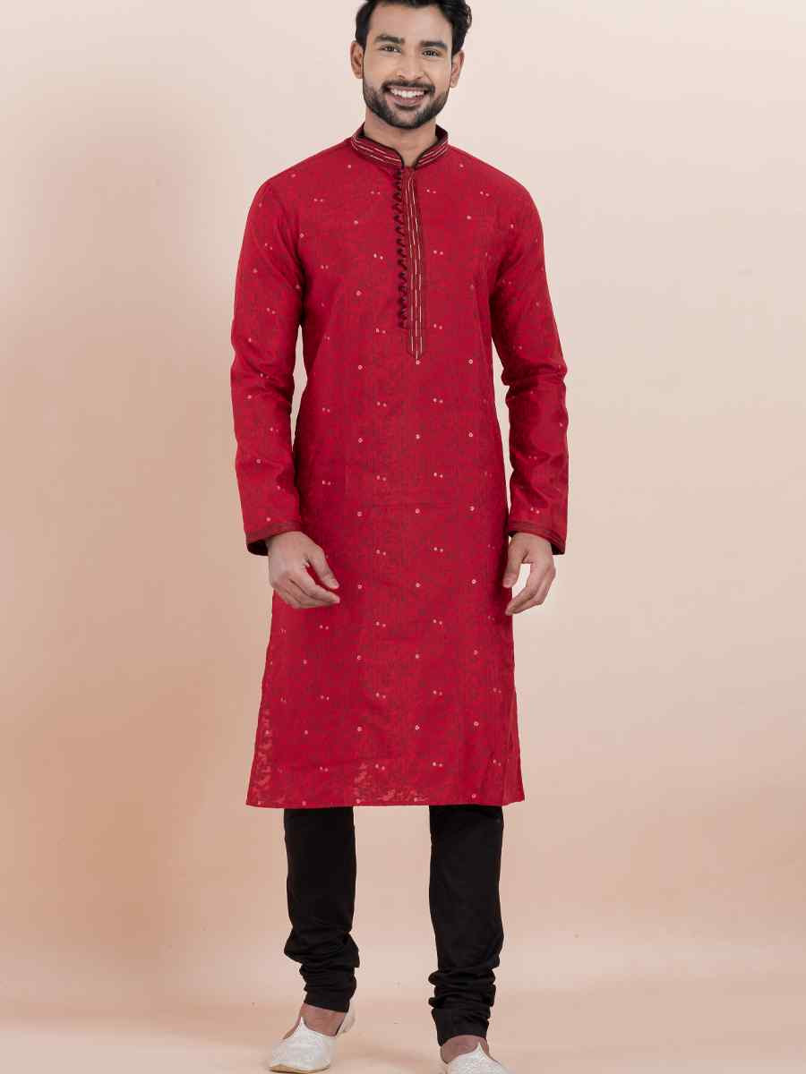 Maroon Cotton Silk Jacquard Embroidered Festival Wedding Kurta Pyjama Men039s Wear