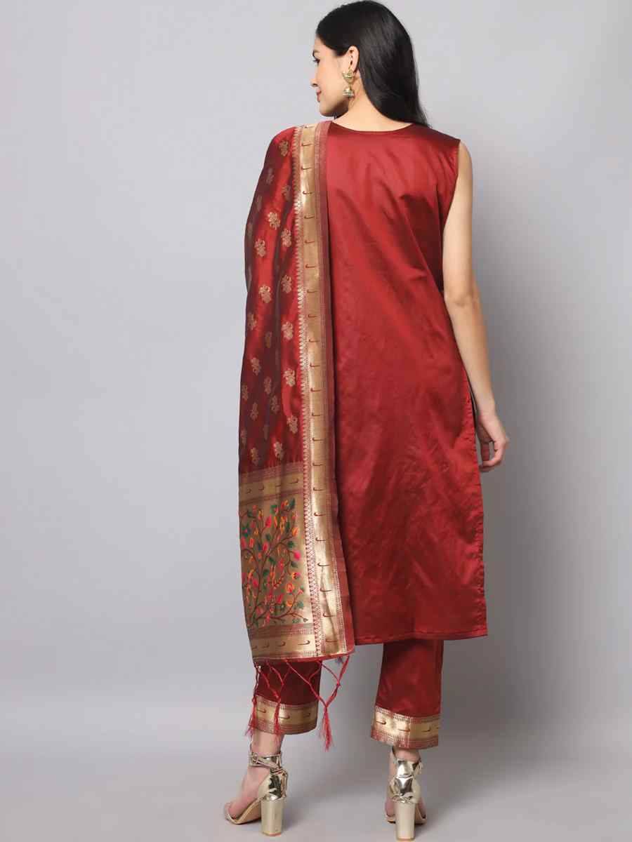 Maroon Cotton Silk Jacquard Handwoven Festival Mehendi Ready Pant Salwar Kameez