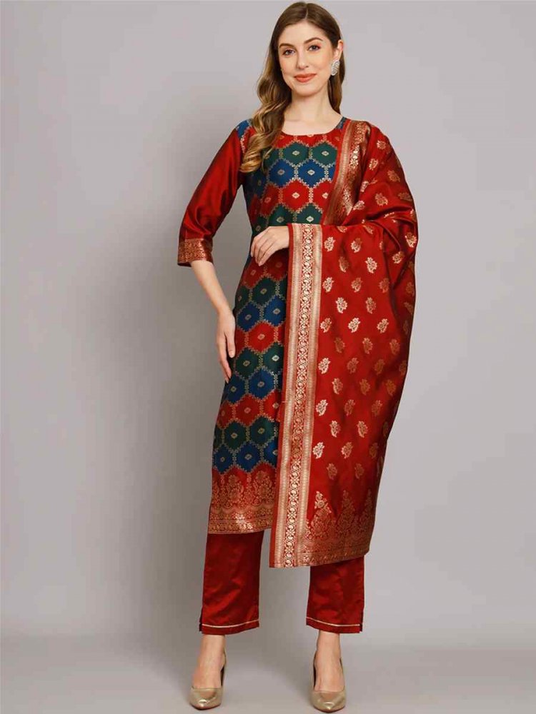 Maroon Cotton Silk Jacquard Handwoven Festival Mehendi Ready Pant Salwar Kameez