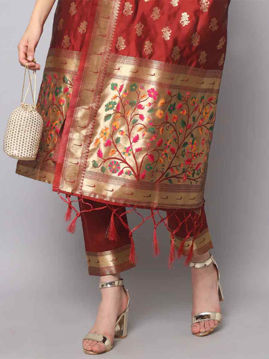 Maroon Cotton Silk Jacquard Handwoven Festival Mehendi Ready Pant Salwar Kameez