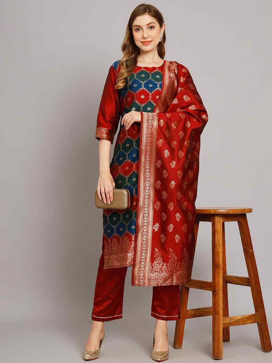 Maroon Cotton Silk Jacquard Handwoven Party Wedding Festival Casual Ready Pant Salwar Kameez