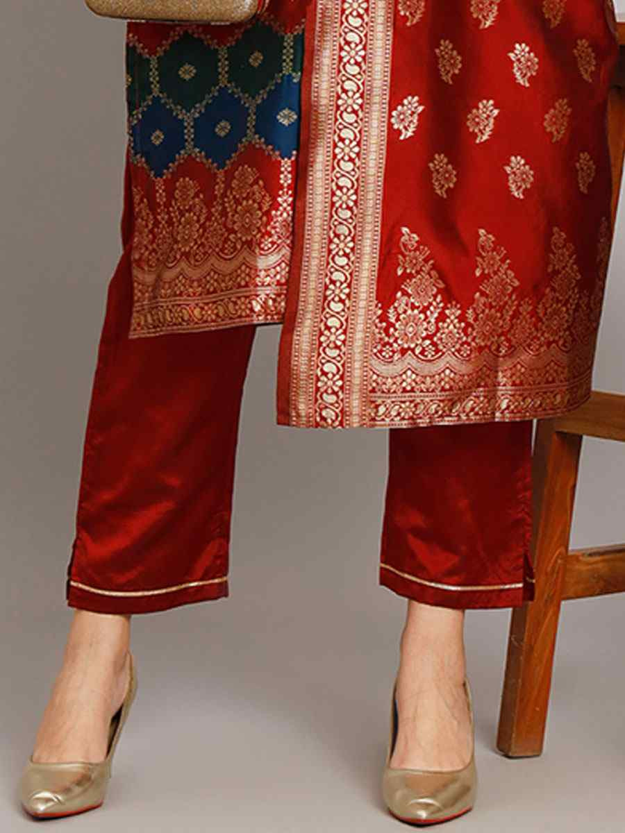 Maroon Cotton Silk Jacquard Handwoven Party Wedding Festival Casual Ready Pant Salwar Kameez