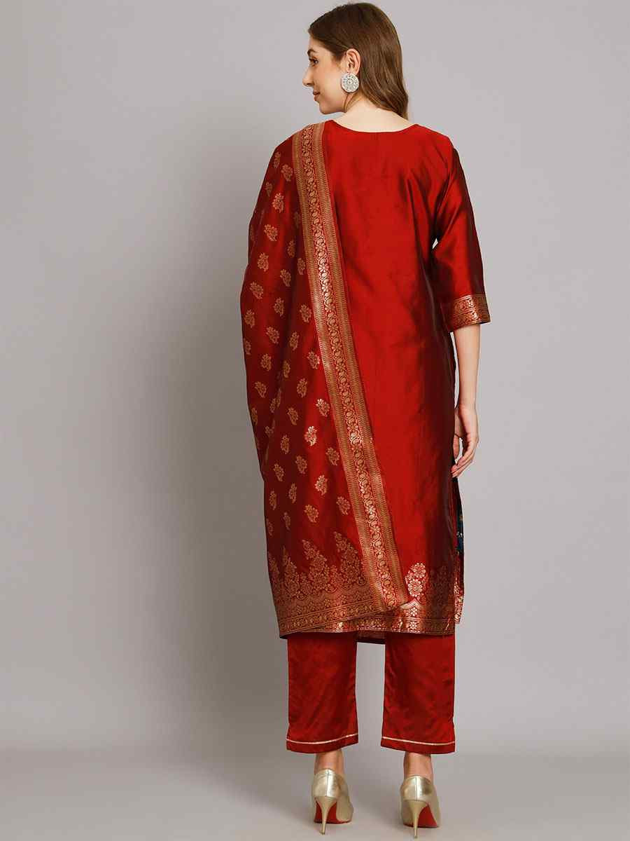 Maroon Cotton Silk Jacquard Handwoven Party Wedding Festival Casual Ready Pant Salwar Kameez