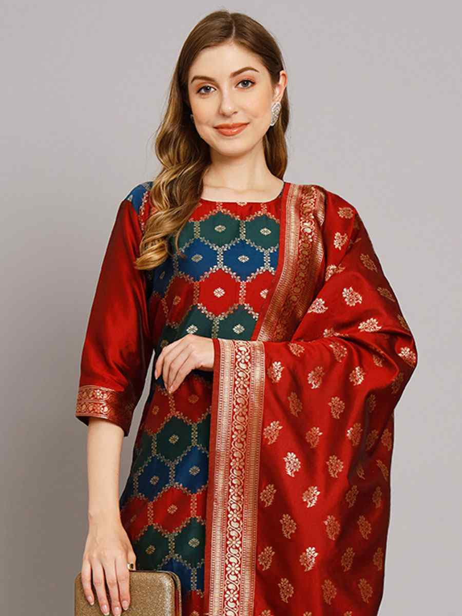 Maroon Cotton Silk Jacquard Handwoven Party Wedding Festival Casual Ready Pant Salwar Kameez