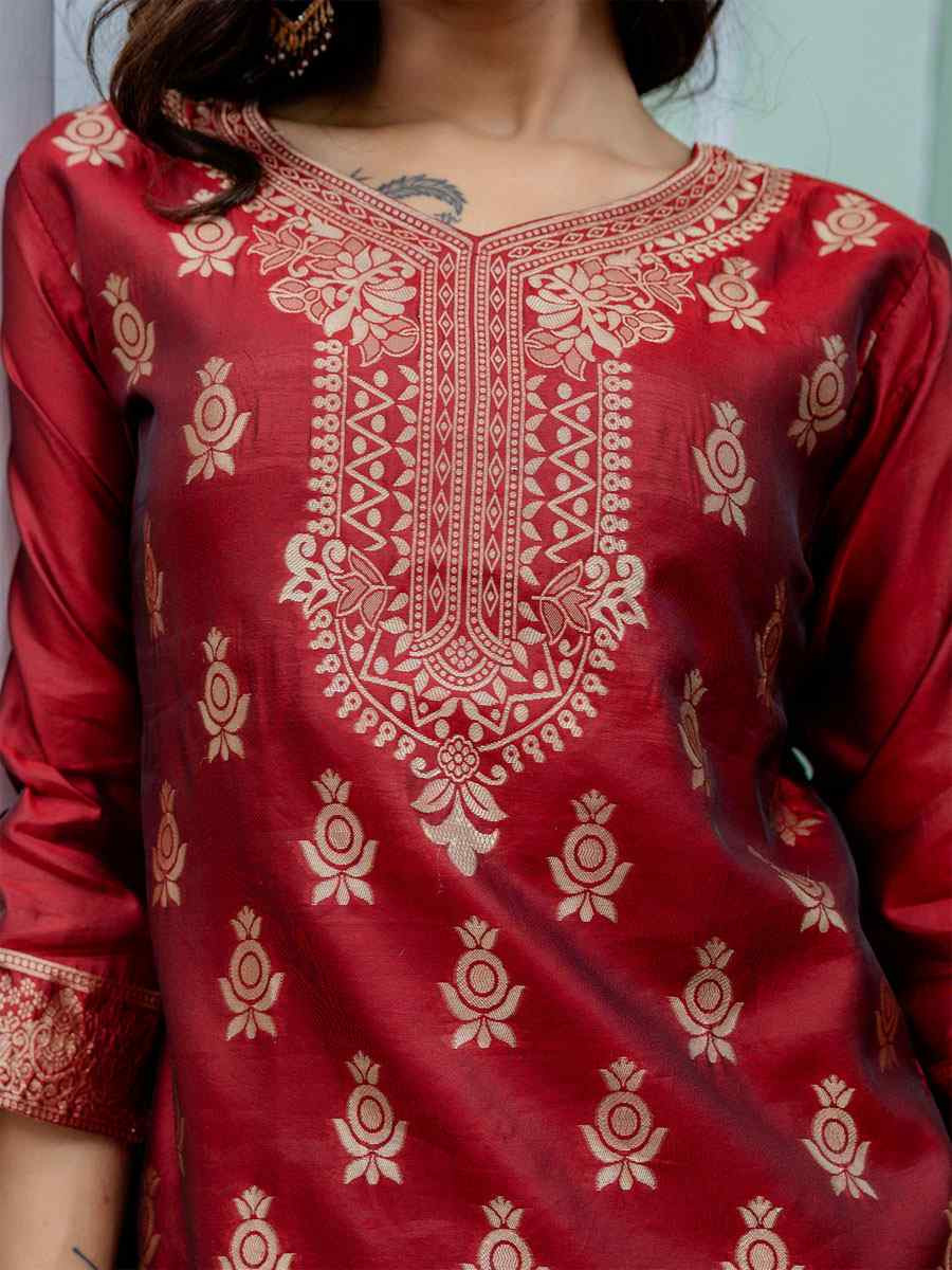 Maroon Cotton Silk Jacquard Handwoven Party Wedding Festival Casual Ready Pant Salwar Kameez