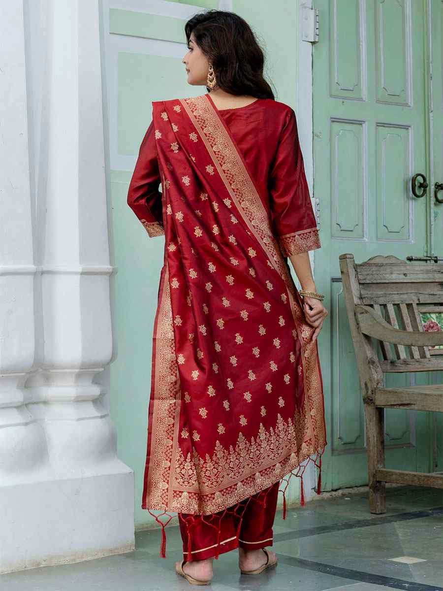 Maroon Cotton Silk Jacquard Handwoven Party Wedding Festival Casual Ready Pant Salwar Kameez