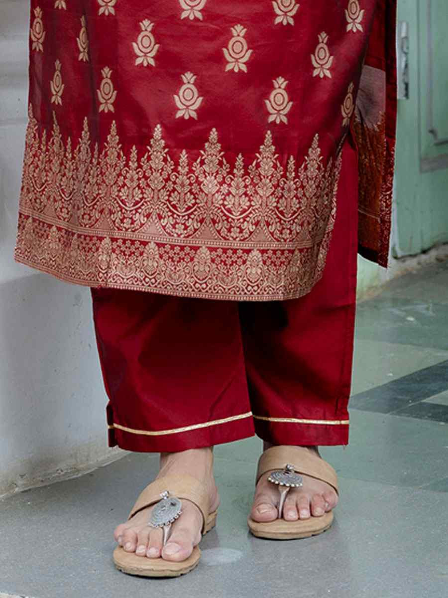 Maroon Cotton Silk Jacquard Handwoven Party Wedding Festival Casual Ready Pant Salwar Kameez