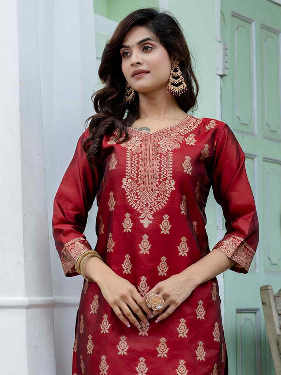 Maroon Cotton Silk Jacquard Handwoven Party Wedding Festival Casual Ready Pant Salwar Kameez