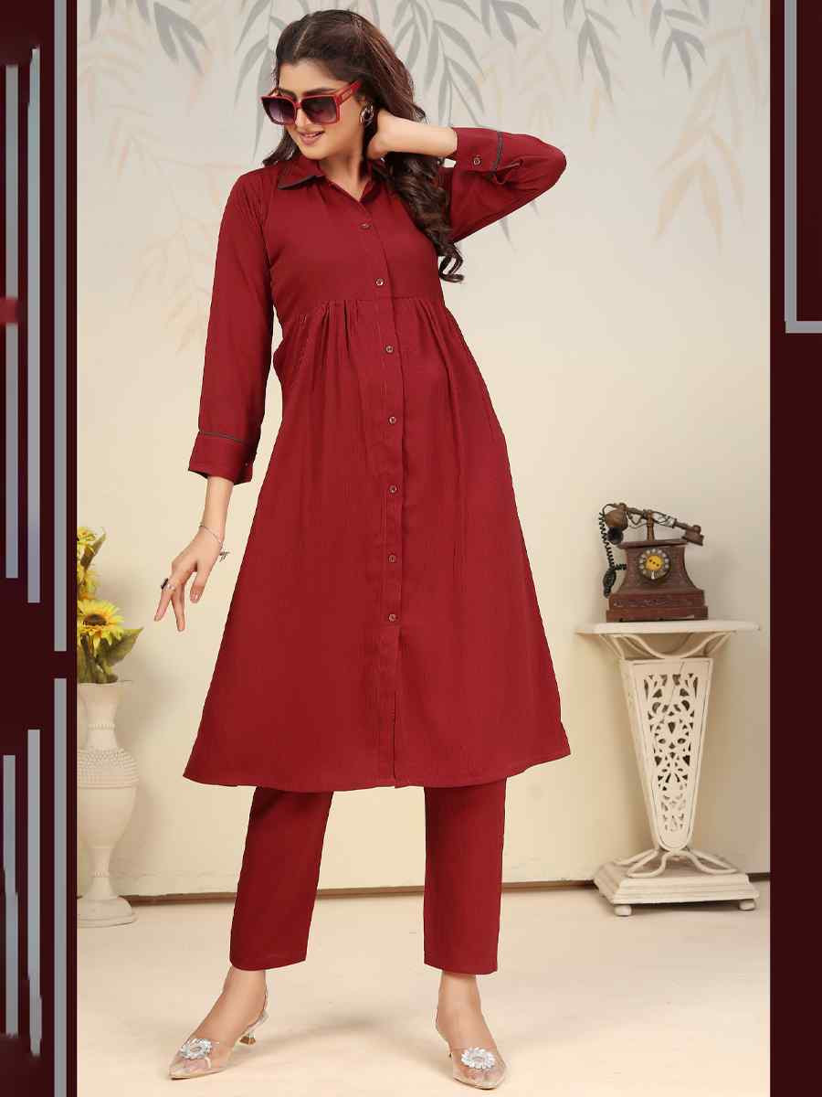 Maroon Cotton Solid Festival Casual Kurti