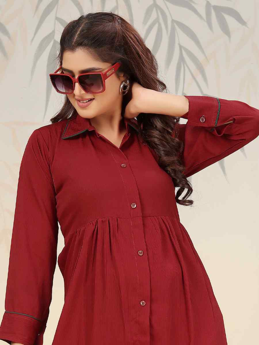 Maroon Cotton Solid Festival Casual Kurti