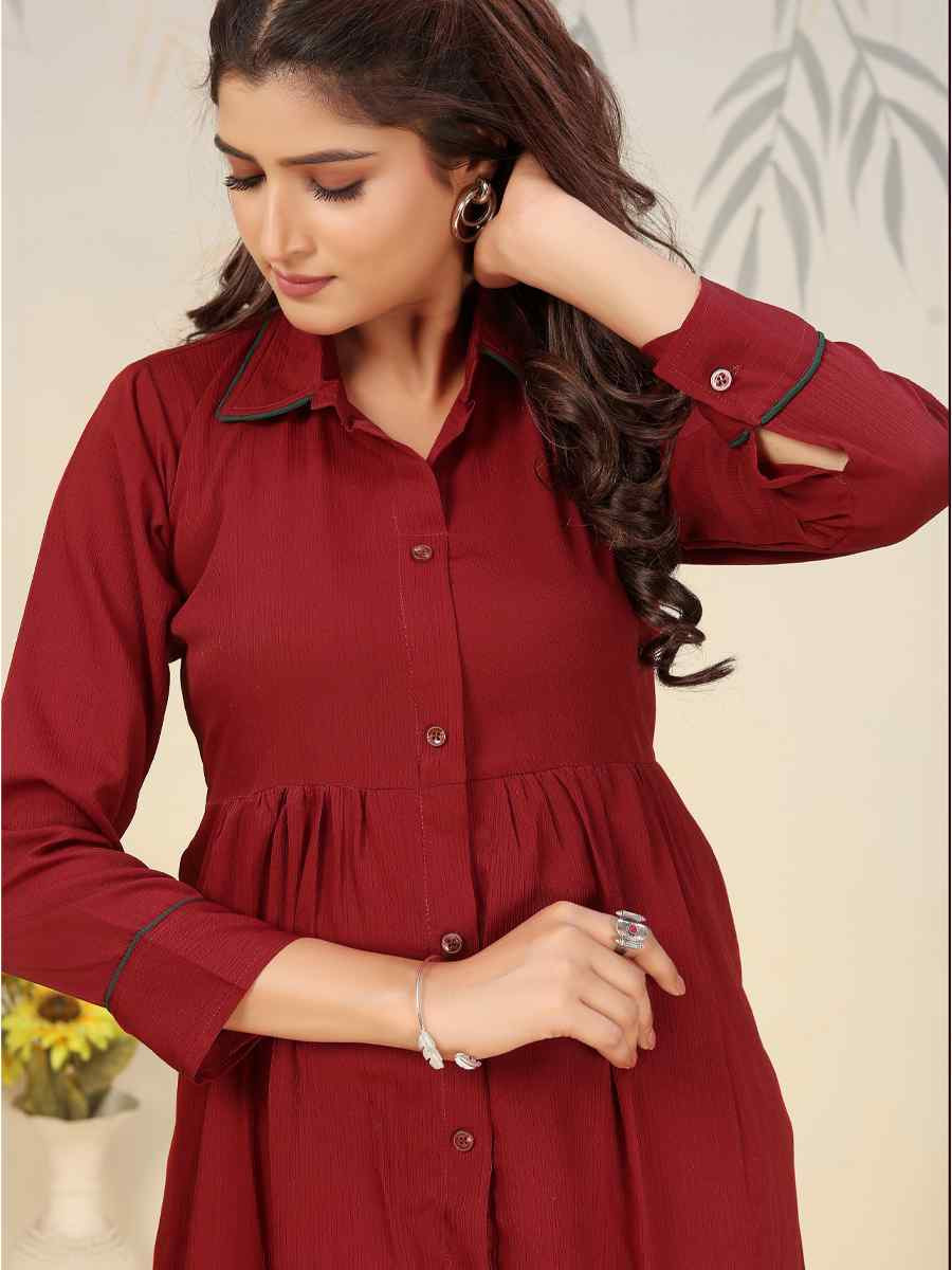 Maroon Cotton Solid Festival Casual Kurti
