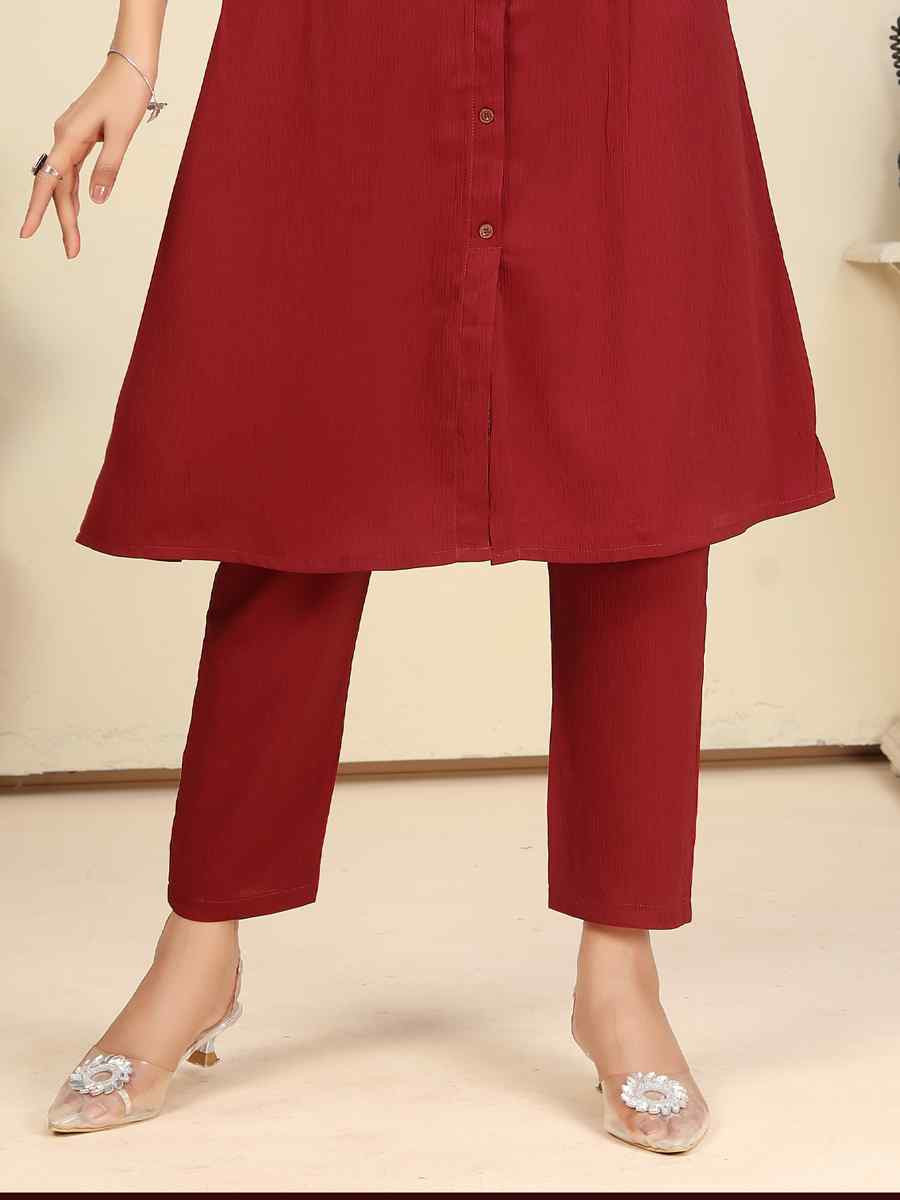 Maroon Cotton Solid Festival Casual Kurti