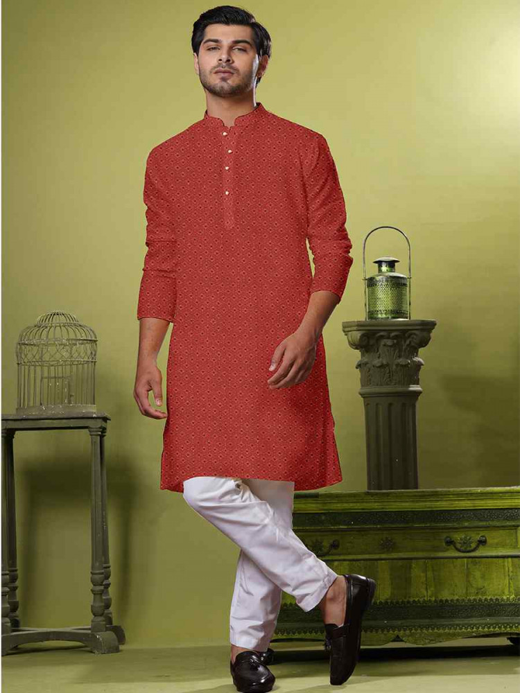 Maroon Cotton Weaving Dhaga Embroidered Festival Party Kurta