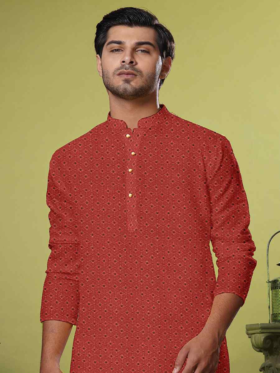 Maroon Cotton Weaving Dhaga Embroidered Festival Party Kurta