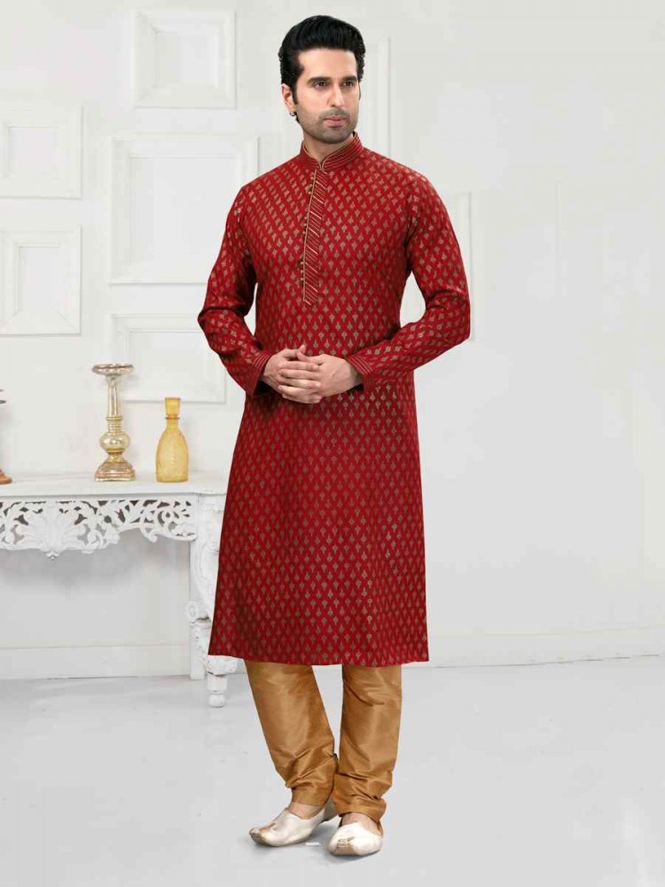 Maroon Cotton Woven Festival Wedding Kurta