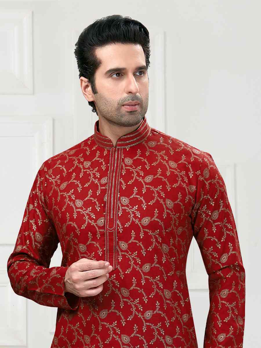 Maroon Cotton Woven Festival Wedding Kurta