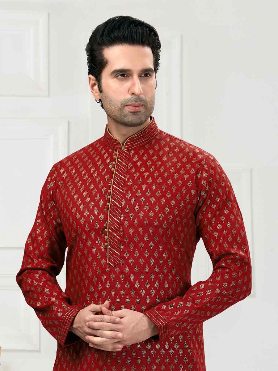 Maroon Cotton Woven Festival Wedding Kurta