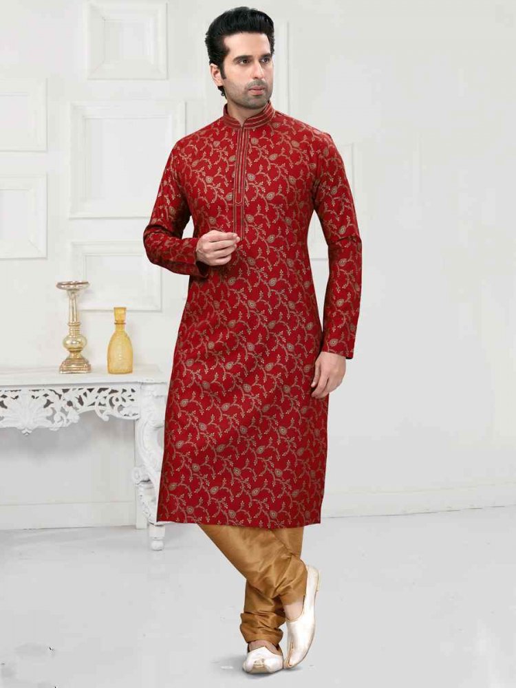 Maroon Cotton Woven Festival Wedding Kurta