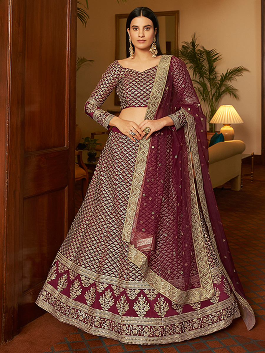 Maroon Crepe Embroidered Party Lehenga Choli