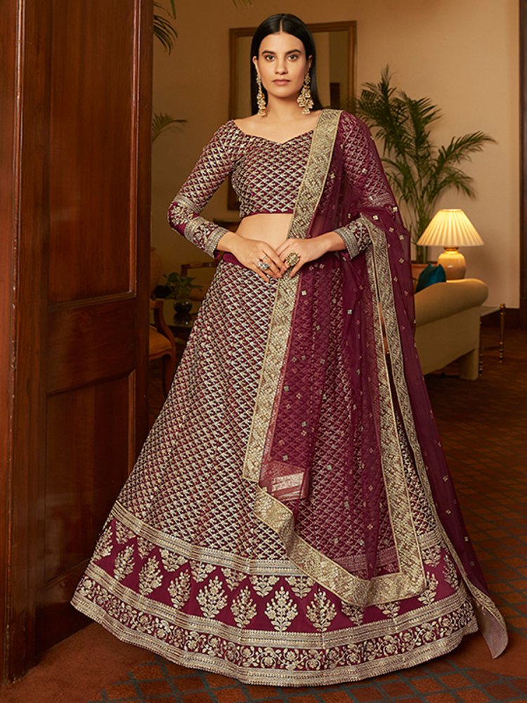 Maroon Crepe Embroidered Party Lehenga Choli