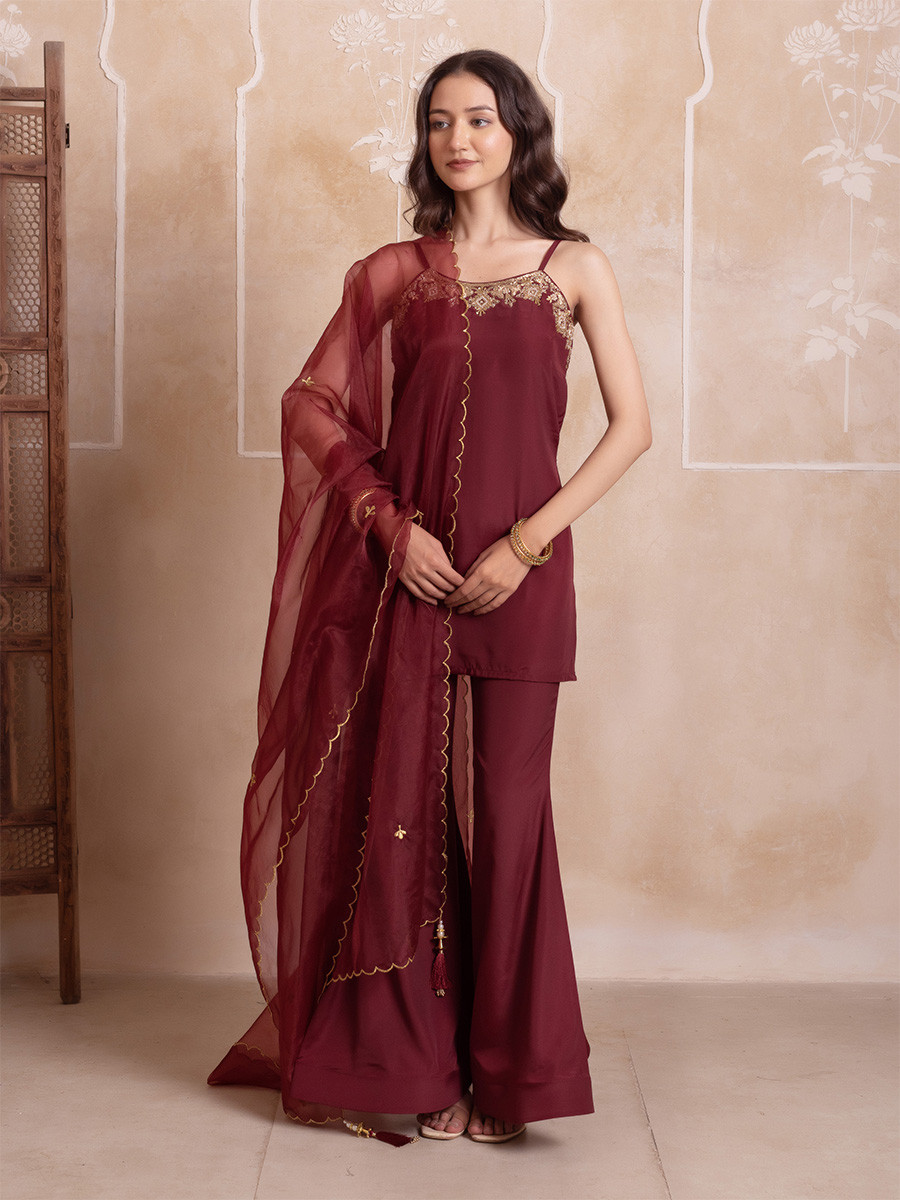 Maroon Crepe Embroidery Wedding Party Festival Casual Ready Sharara Pant Salwar Kameez