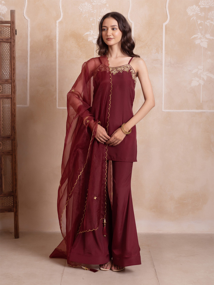 Image of Maroon Crepe Embroidery Wedding Party Festival Casual Ready Sharara Pant Salwar Kameez