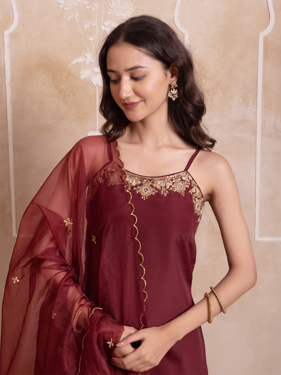 Maroon Crepe Embroidery Wedding Party Festival Casual Ready Sharara Pant Salwar Kameez