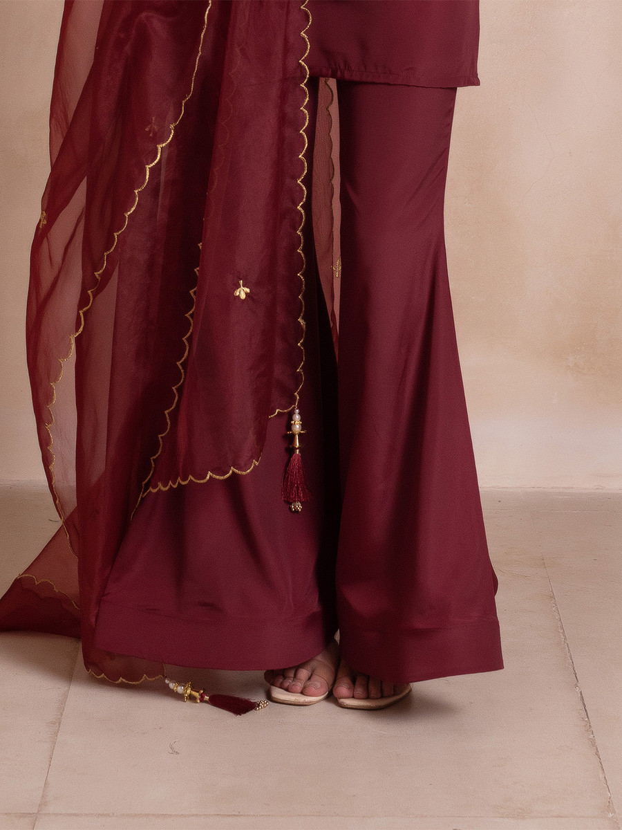Maroon Crepe Embroidery Wedding Party Festival Casual Ready Sharara Pant Salwar Kameez