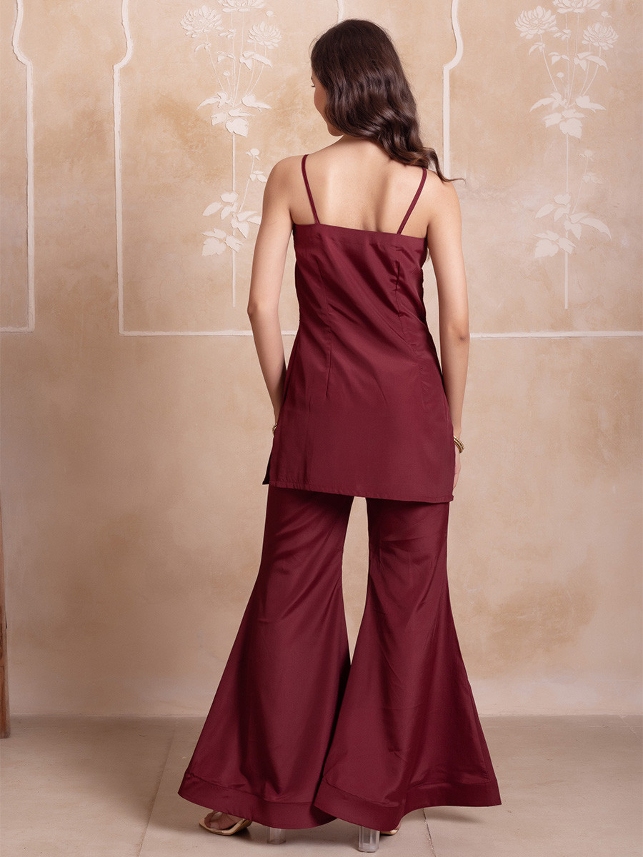 Maroon Crepe Embroidery Wedding Party Festival Casual Ready Sharara Pant Salwar Kameez