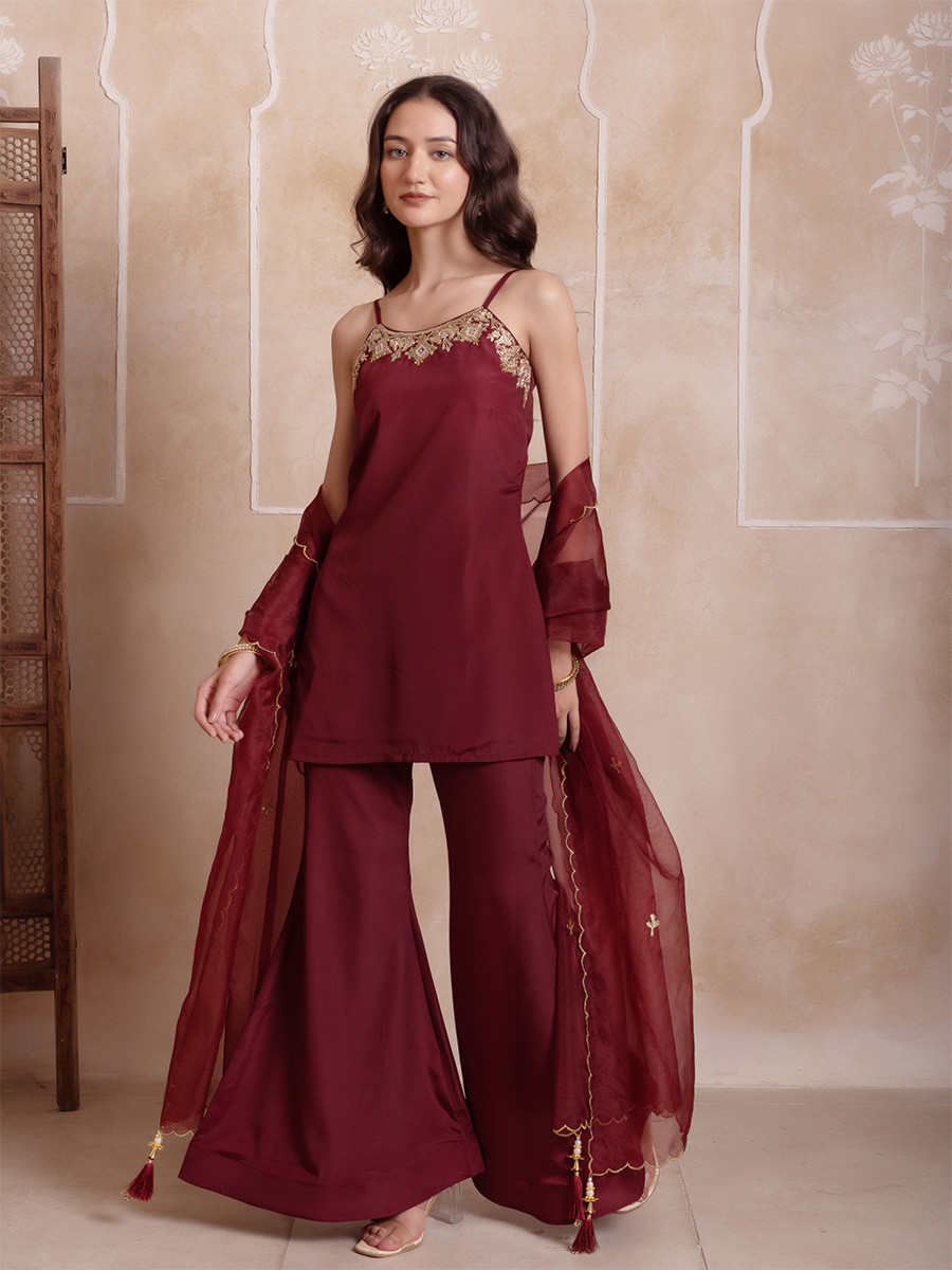 Maroon Crepe Embroidery Wedding Party Festival Casual Ready Sharara Pant Salwar Kameez