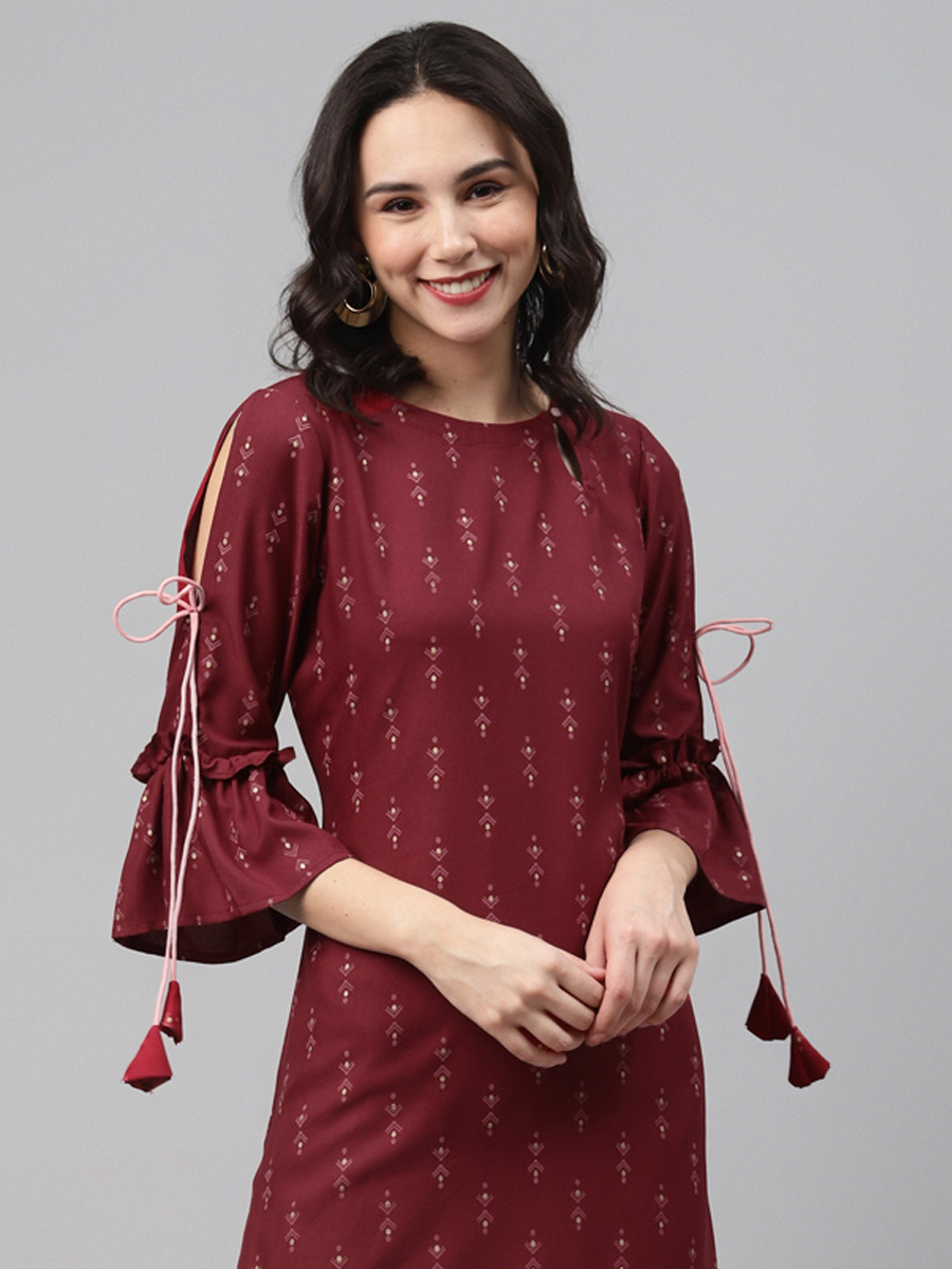 Maroon Crepe Printed Festival Casual Kurti