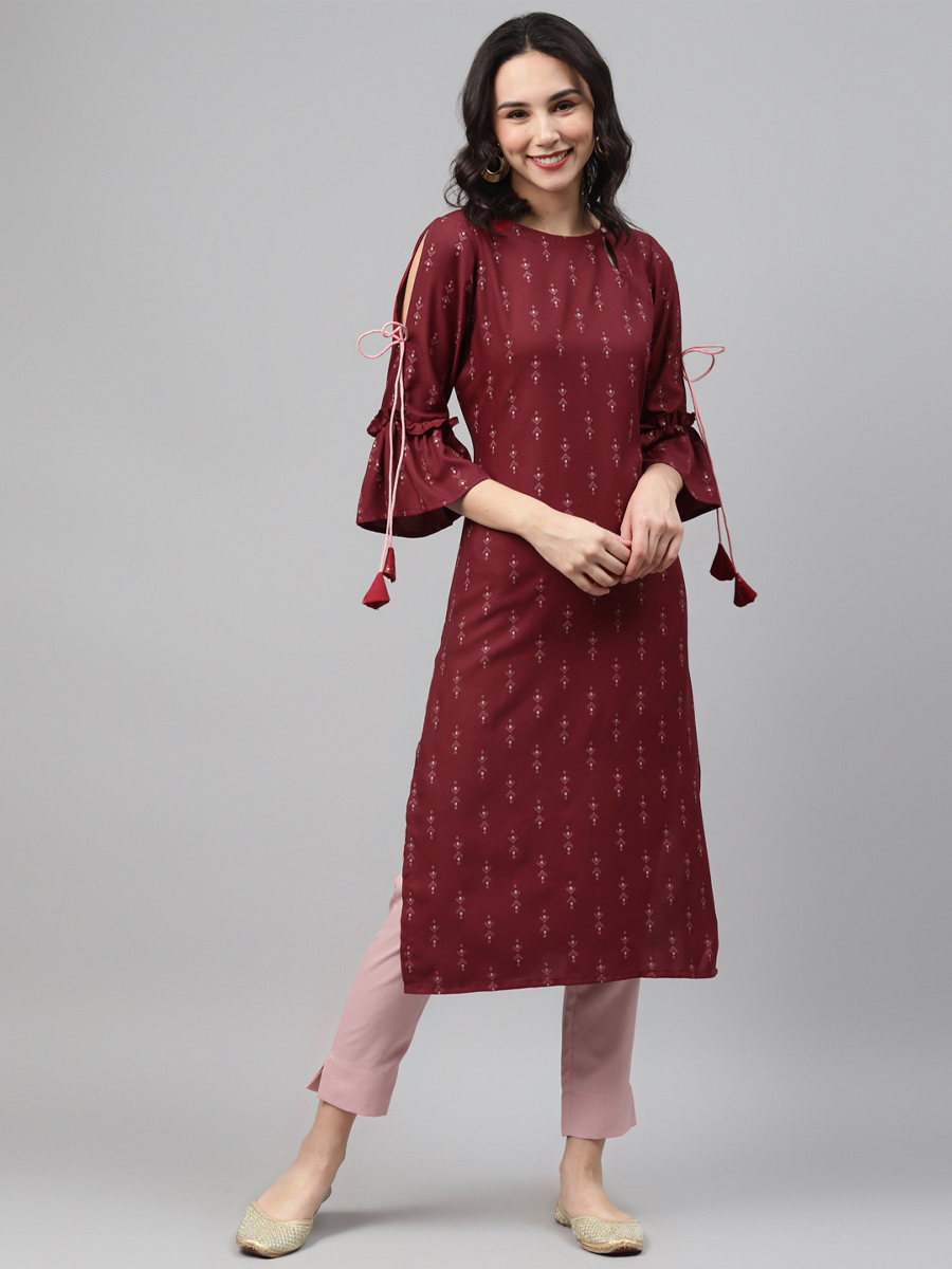 Maroon Crepe Printed Festival Casual Kurti
